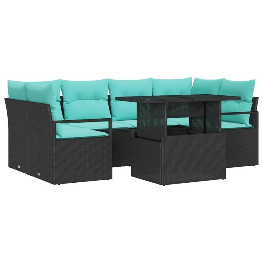 vidaXL Garten-Sofa-Set 7-teilig aus Poly-Rattan in Schwarz und Blau mit Kissen und Tisch - Bild 2