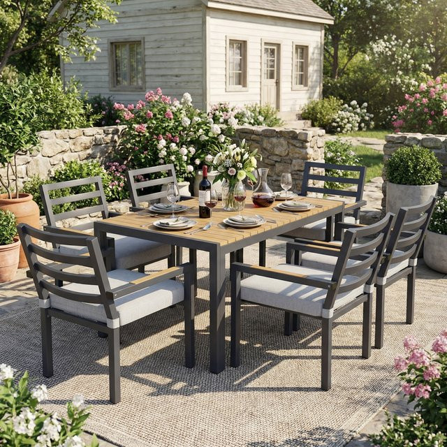 PINGGO Garten-Essgruppe mit 1 Tisch und 6 Stühlen aus Kunststoffholz und verzinktem Eisen in Grau - Bild 1