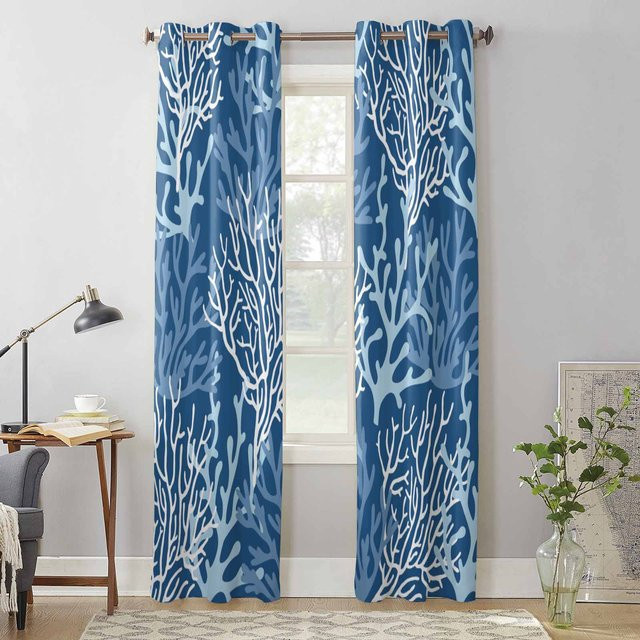 Super Six Vorhang Sommer Ozean Koralle in Dunkelblau, semi-transparentes Dekorgewebe mit Grafik-Design, Breite: 135 cm, Höhe: 115 cm - Bild 1