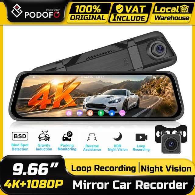 Podofo 4K Dashcam mit 9,66 Zoll Spiegel-Autokamera, Rückfahrkamera und Nachtsicht in Schwarz - Bild 1