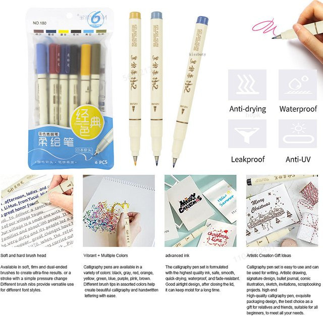 6er Set Retro Kunstmarker mit weicher Pinselspitze für Kalligraphie und Design in Multicolour - Bild 1
