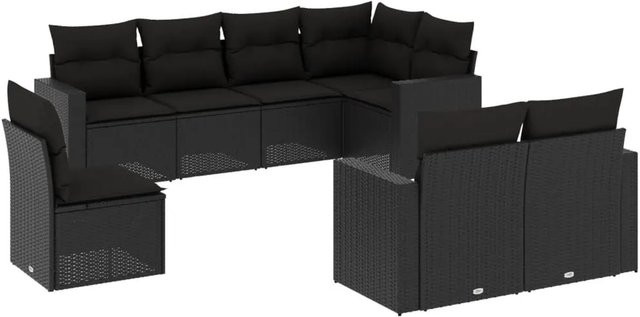 vidaXL 8-tlg. Garten-Sofagarnitur in L-Form aus Poly-Rattan und pulverbeschichtetem Stahl in Schwarz mit Kissen und Sitzpolstern - Bild 1