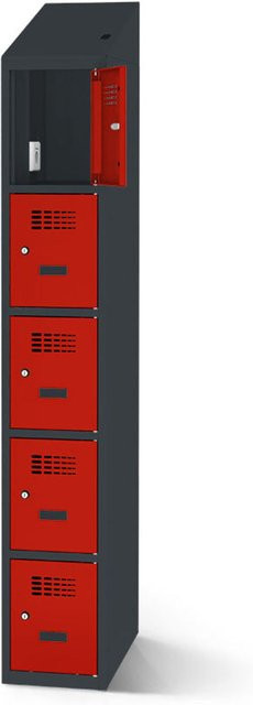 rotstahl Fächerschrank mit Ladefunktion und 5 Fächern in Rot mit anthrazitgrauem Korpus, Breite: 40 cm, Höhe: 200 cm - Bild 1