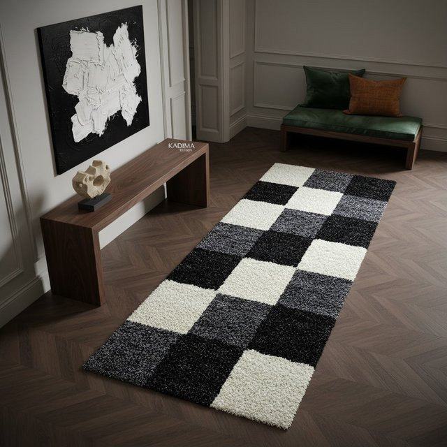Hochflorteppich RHEIN von Kadima Design, kariert, Schwarz, B/T: 80 x 250 cm - Bild 1