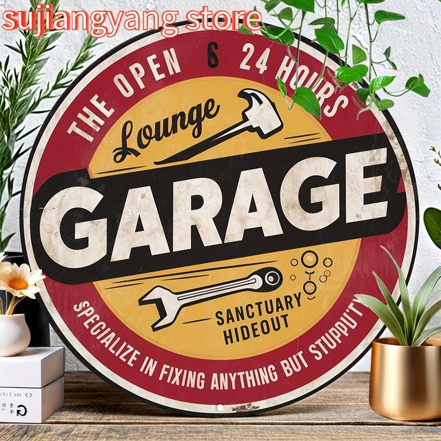 Potdemiel Vintage-Garagenschild rund aus Metall, Durchmesser: 20,32 cm, Multicolour Retro-Wandkunst-Dekor - Bild 1