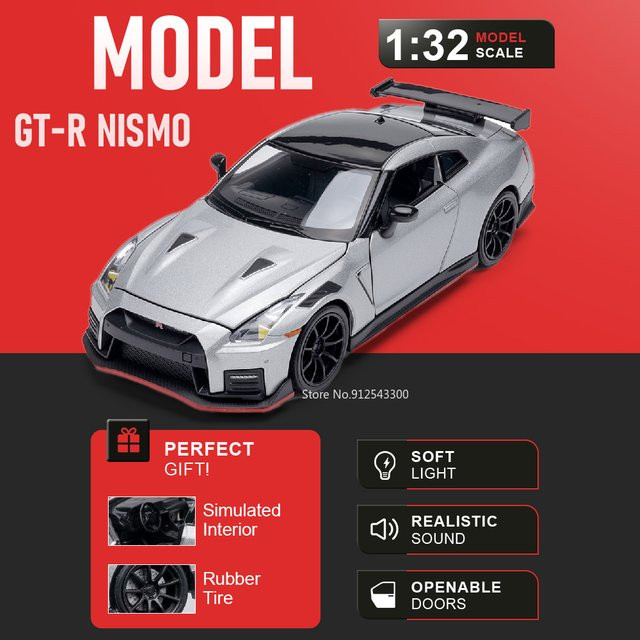 MAKEDA Nissan GT-R Nisom Sportwagen-Modell, 1:32, Metalldruckguss, mit Licht und Musik - Bild 1