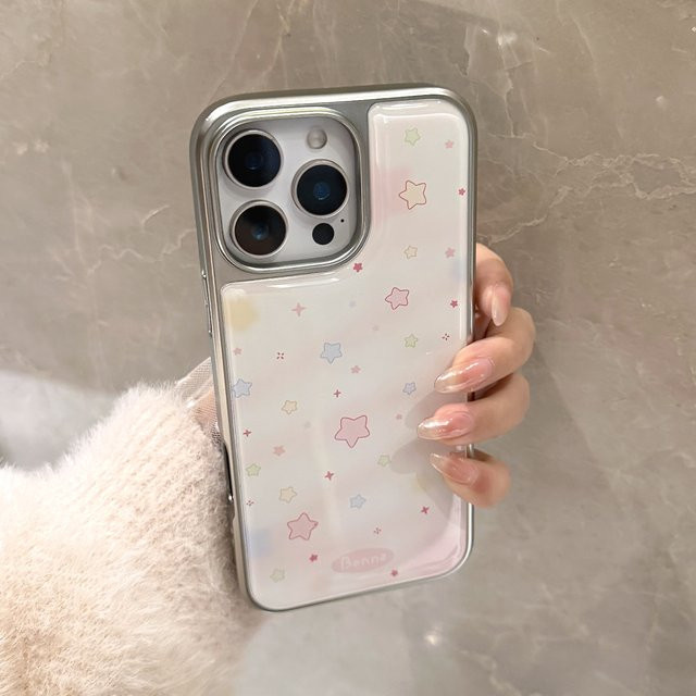 Handyhülle mit Tropfenkleber-Effekt für iPhone 11 bis 17 Pro Max Plus, rosa Farbverlauf mit Sternmuster und silbernem Rand - Bild 1