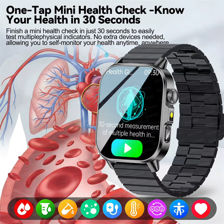 GUHUAVMI KI-Gesundheits-Smartwatch in Schwarz mit 2,0 Zoll HD-Display, EKG-Erkennung, Blutdruckanalyse und Bluetooth-Anruf-Funktion - Bild 5
