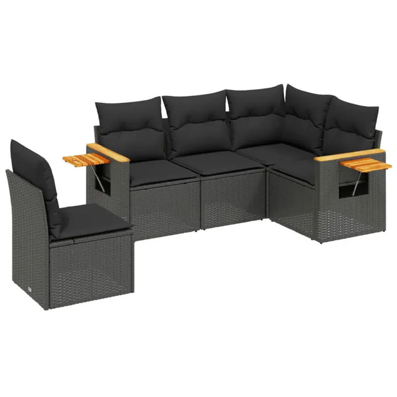 vidaXL 5-tlg. Garten-Sofagarnitur in L-Form aus Poly-Rattan und Akazienholz in Schwarz mit Kissen und Armlehnen - Bild 2