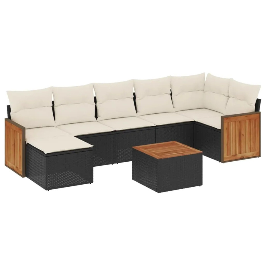 vidaXL 8-teilige Garten-Sofagarnitur in L-Form aus Polyrattan und Akazienholz mit Kissen in Schwarz - Bild 2