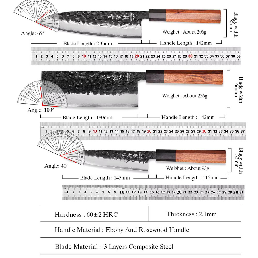 HUAYIGRAND Japanisches Küchenmesser Set aus 3-lagigem Verbundstahl, Nakiri und Utility Messer für Profis - Bild 4