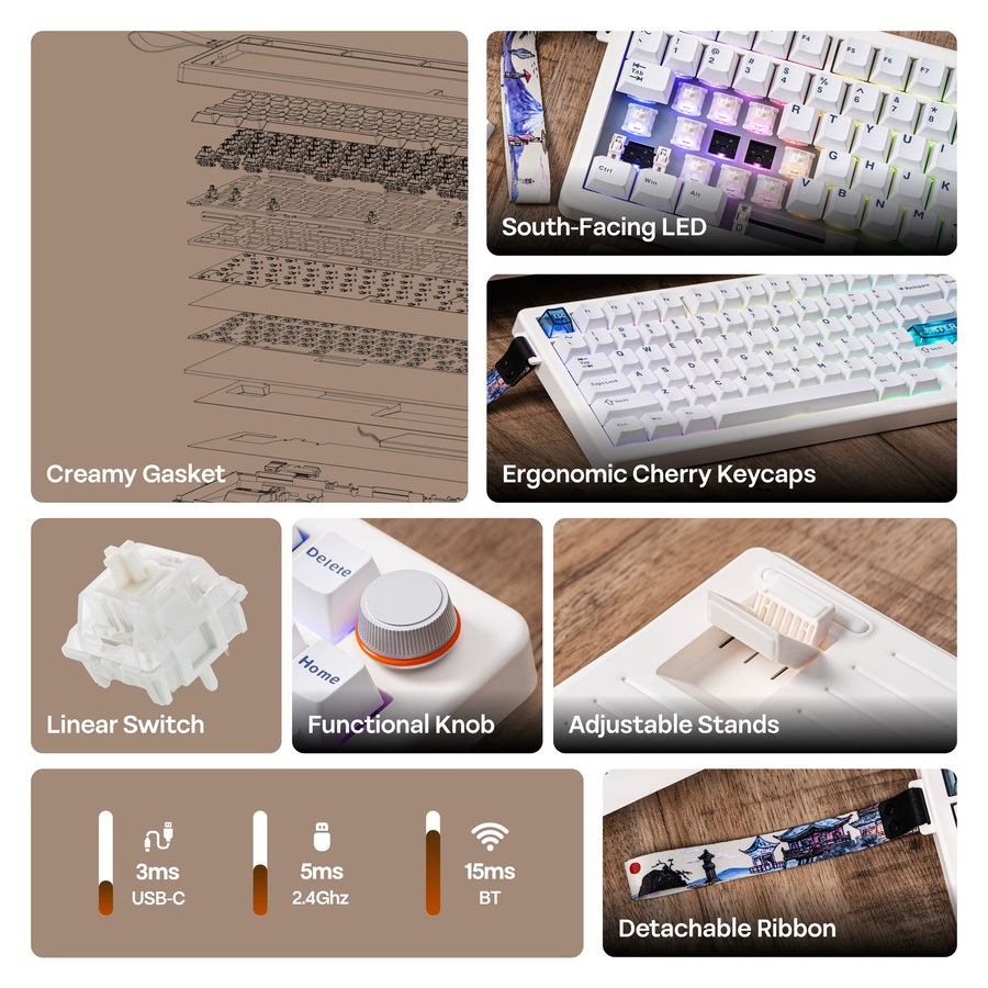 CIDOO QK75 Mechanische Tastatur 75 % mit RGB-Hintergrundbeleuchtung, VIA programmierbar, kabellos via Bluetooth oder 2,4 GHz und kabelgebunden, Farbe: Weiß - Bild 5