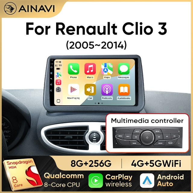 Ainavi Autoradio für Renault Clio 3 (2005-2014) mit kabellosem CarPlay, Android Auto, 4G Multimedia-Player, GPS und Navigation in Schwarz - Bild 1