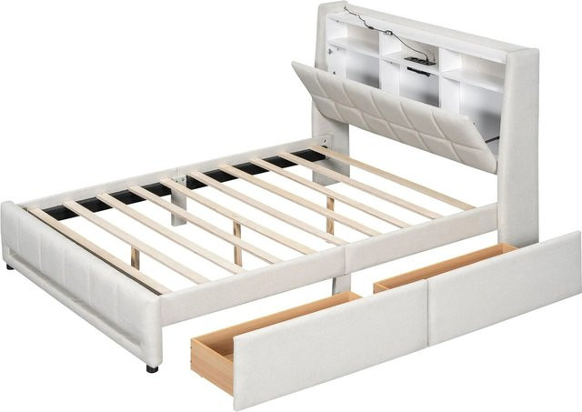 okwish Polsterbett Beige mit LED-Beleuchtung, USB-Anschluss und Schubladen, B/T/H: 140 x 200 x 110 cm - Bild 1