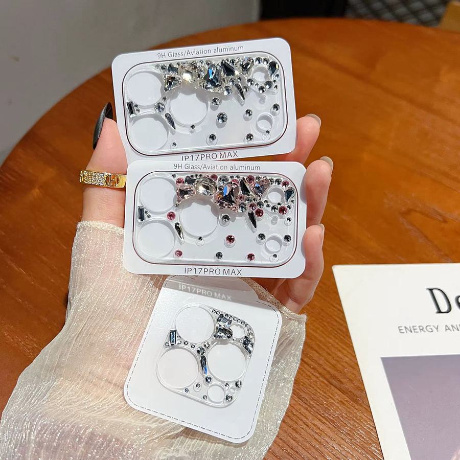 YLUOYI Kameralinsen-Schutz aus gehärtetem Glas mit Strass-Verzierung für iPhone 17 Pro Max, Transparent/Weiß - Bild 1