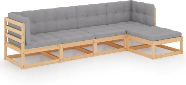 vidaXL 5-tlg Garten-Lounge-Set aus massivem Kiefernholz in L-Form mit grauen Polstern und Kissen - Bild 1