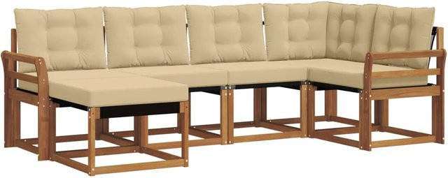 vidaXL L-Shape Sofa Set 6-teilig aus Akazienholz und Textilene in Natur-Beige mit Kissen und Armlehnen - Bild 1
