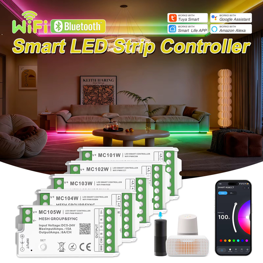 Tuya WiFi Smart LED-Streifen-Controller RGBCCT mit Fernbedienung, dimmbarer SPI LED-Lichtsteuerung für 5-24V, Farbe Weiß - Bild 6