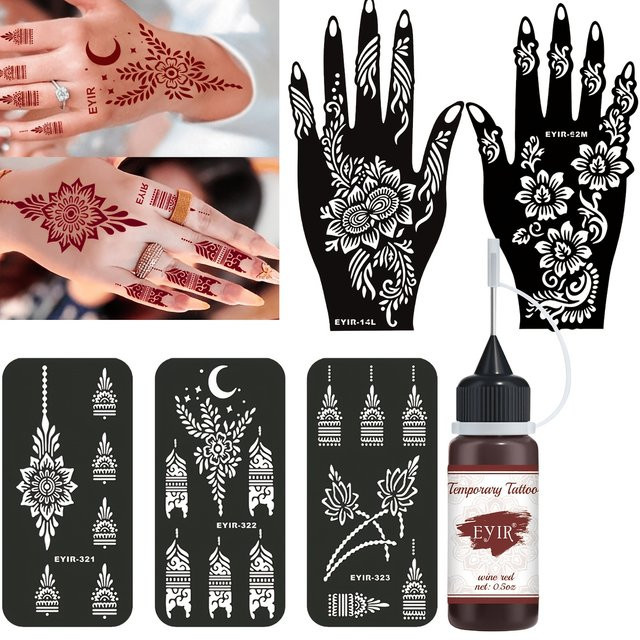 EYIR Tattoo-Paste mit 5 Schablonen-Sets, Rotwein, Körperbemalung - Bild 1