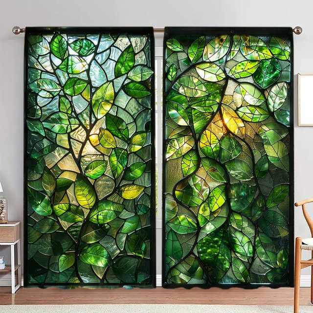 Tonnika Chen Vorhang Set mit Pflanzen-Print aus transparentem Polyester, Grün, B: 100 cm, H: 70 cm - Bild 1