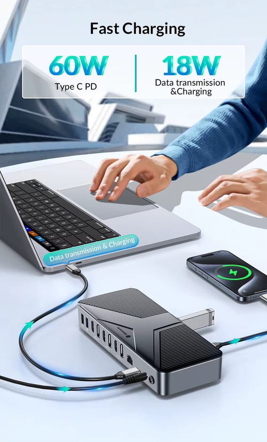 Yottamaster 22-in-1 USB-C Dockingstation mit Dual HDMI 4K 60 Hz, zwei DisplayPort 8K 30 Hz, PD 60 W und RJ45 in Grau - Bild 3