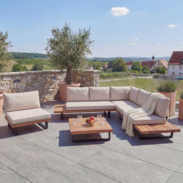 MCW Garten-Lounge-Set MCW-H54 aus Akazienholz und Aluminium in Hellbraun mit beigen Polstern - Bild 1