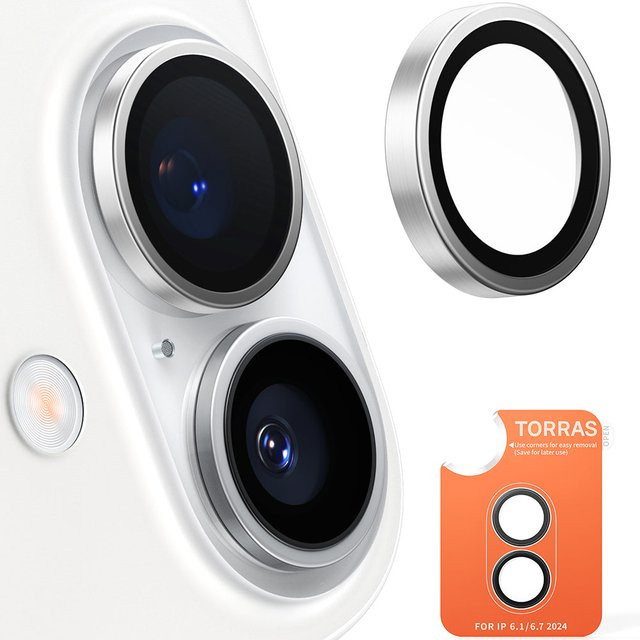 Torras Lensguard Kamera-Schutzfolie aus gehärtetem Glas für Apple iPhone 16 und iPhone 16 Plus, Metallic-Grau - Bild 1