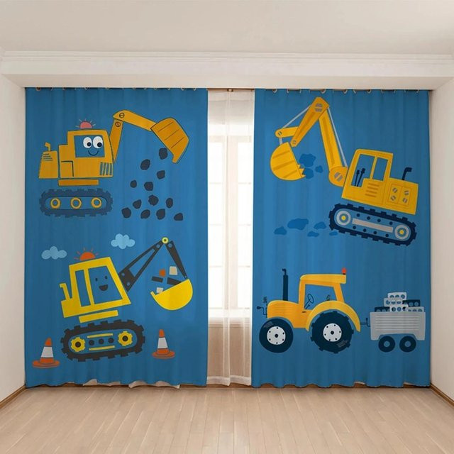 Yiran Furniture Vorhang für Kinderzimmer mit Spielzeugauto-Bagger Motiv, Blau-Gelb, 2 Paneele, Breite: 65 cm, Höhe: 60 cm - Bild 1