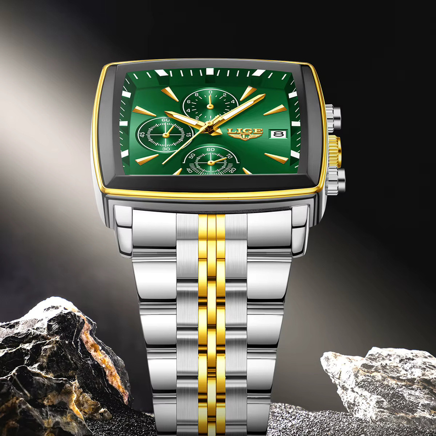 LIGE Armbanduhr Quarz, Edelstahl, Bicolor, Grün, Eckig, Herren - Bild 4