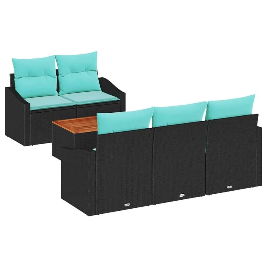 vidaXL Gartensofa-Set 6-teilig aus Poly-Rattan und Akazienholz in Schwarz mit Kissen und Gartentisch - Bild 2