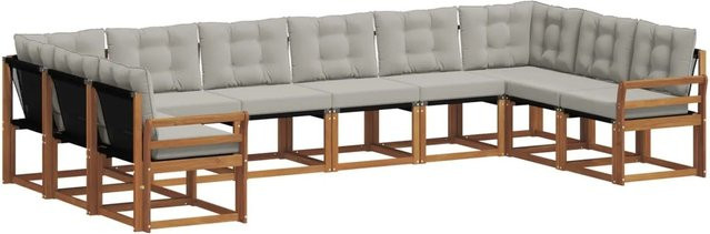 vidaXL Outdoor-Sofagarnitur 10-teilig aus Akazienholz mit Textilene und Kissen in Natur und Hellgrau - Bild 1