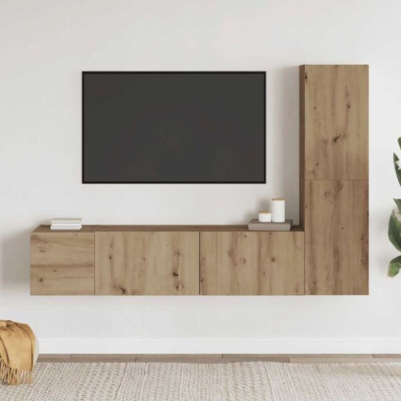 VIDAXL TV-Wandschränke Set aus 3 Stück in Eiche Natur Braun im modernen minimalistischen Design mit Drehtüren aus Holzwerkstoff - Bild 1