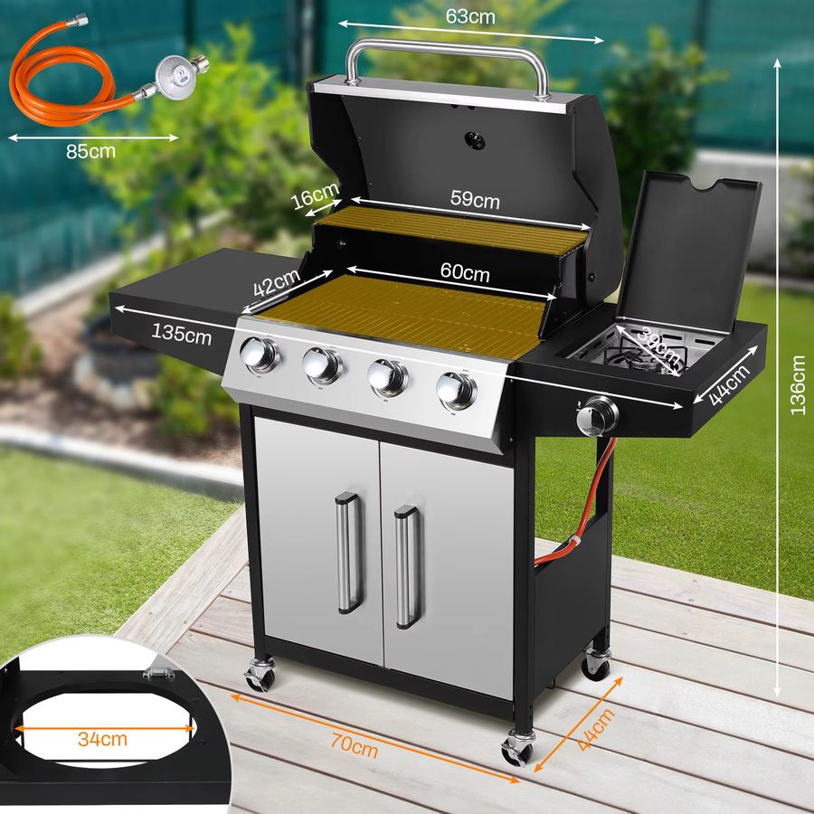 Gasgrill mit 4+1 Brennern und Seitenbrenner in Silber aus Edelstahl mit großer Grillfläche für Propan - Bild 3