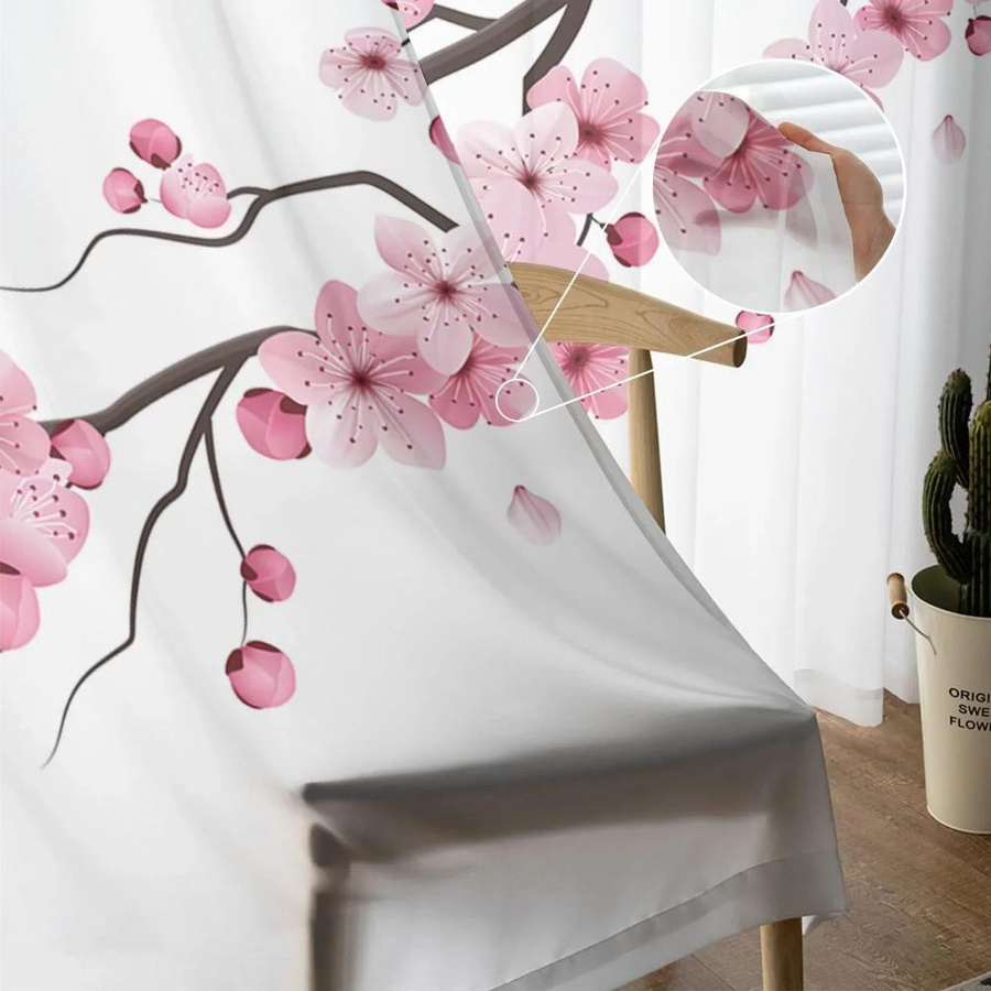 Yiran Furniture Transparenter Tüll-Vorhang mit Kirschblüten-Design in Weiß, Organza-Fenstervorhang für Wohnzimmer und Schlafzimmer, B: 135 cm, H: 185 cm - Bild 3