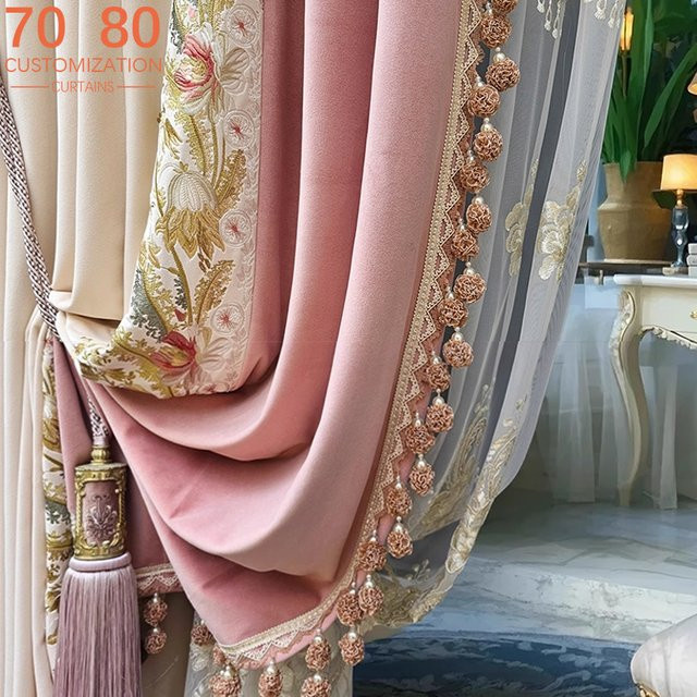JESSANS Vorhänge im europäischen Prinzessinnen-Stil mit floraler Bestickung und Patches, Farbe: Rosa, semi-transparent, Breite: 100 cm, Höhe: 250 cm - Bild 1