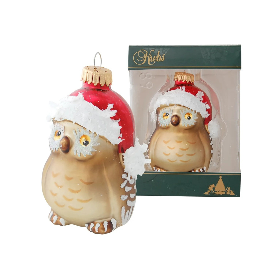 Krebs Glas Lauscha Eule mit Weihnachtsmütze als hängende Glasfigur in Mehrfarbig, Höhe: 8 cm - Bild 2