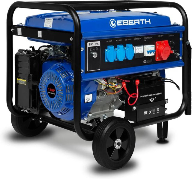 Eberth Stromerzeuger 5500 W mit Benzinmotor, 13 PS, 4-Takt, E-Start, Fahrwerk, 3-Phasen, Blau - Bild 1