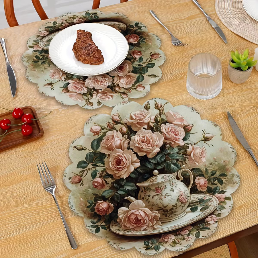 VIKAMA 4er-Set Platzsets mit Rosenblumen-Design in Rosa, rund, aus Leinen - Bild 4