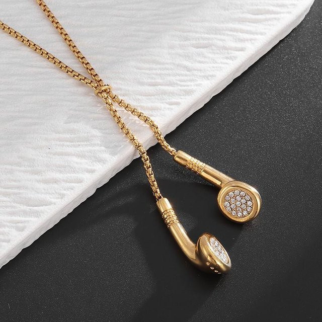 Halskette mit Musik Kopfhörer Anhänger, Messing, Gold, Kristall, Unisex - Bild 1
