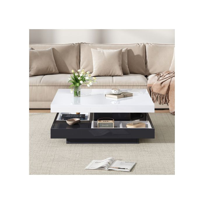 MUVOE Couchtisch mit drehbarer 2-stufiger Tischplatte und Ablagefächern, glänzende Oberfläche, Schwarz/Weiß, B/T/H: 70 x 70 x 36 cm - Bild 2