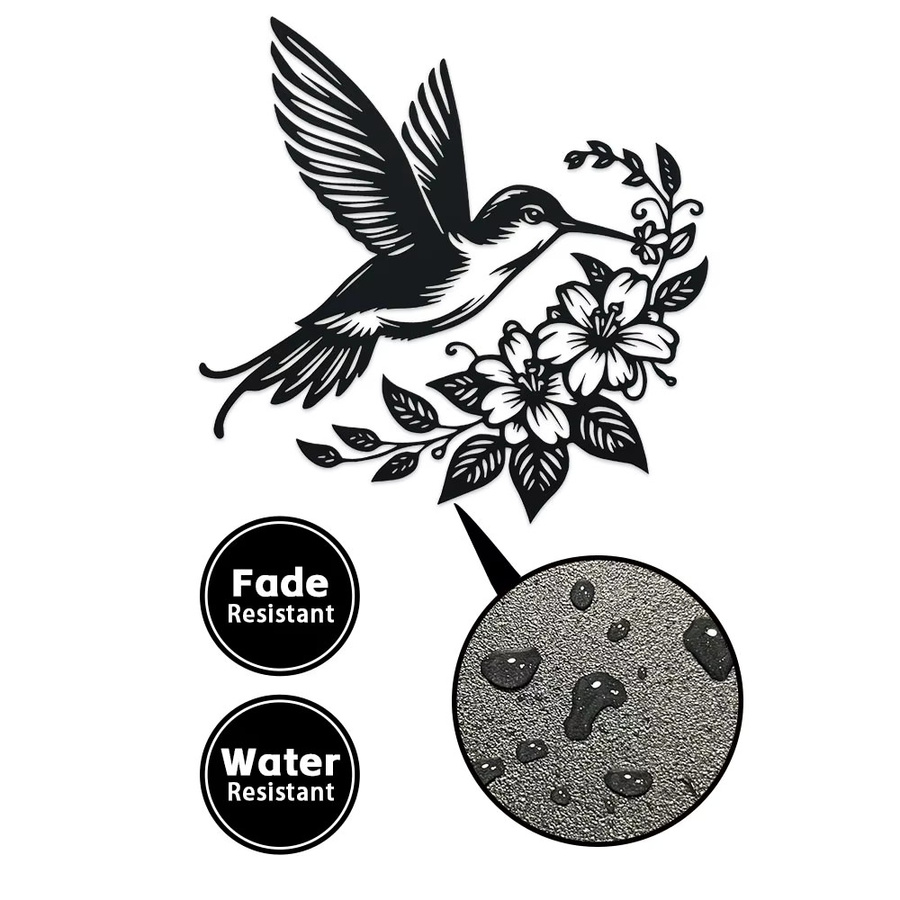 DDPNKL Metall-Wandkunst Kolibri und Blumen in Schwarz für Garten und Innenräume - Bild 2