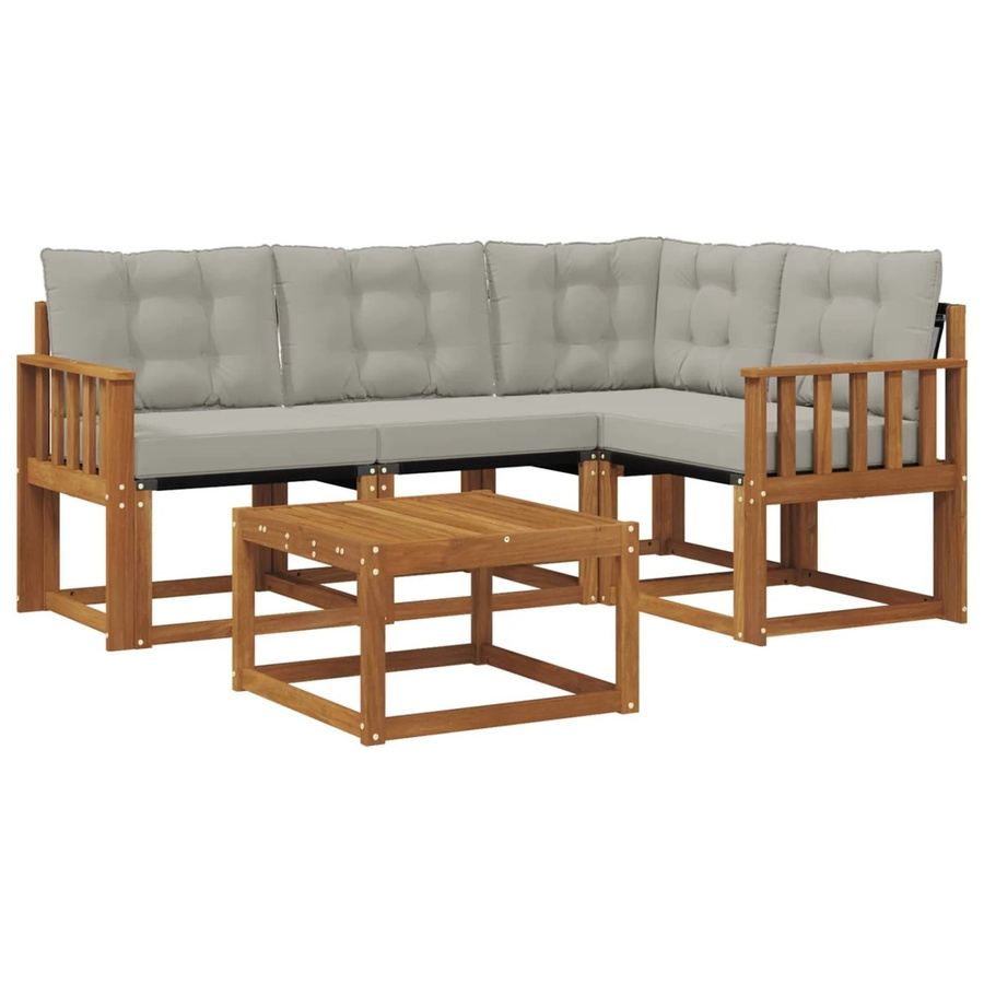 vidaXL Outdoor-Sofagarnitur 5-teilig aus Akazienholz und Textilene in Natur und Grau mit Kissen - Bild 2