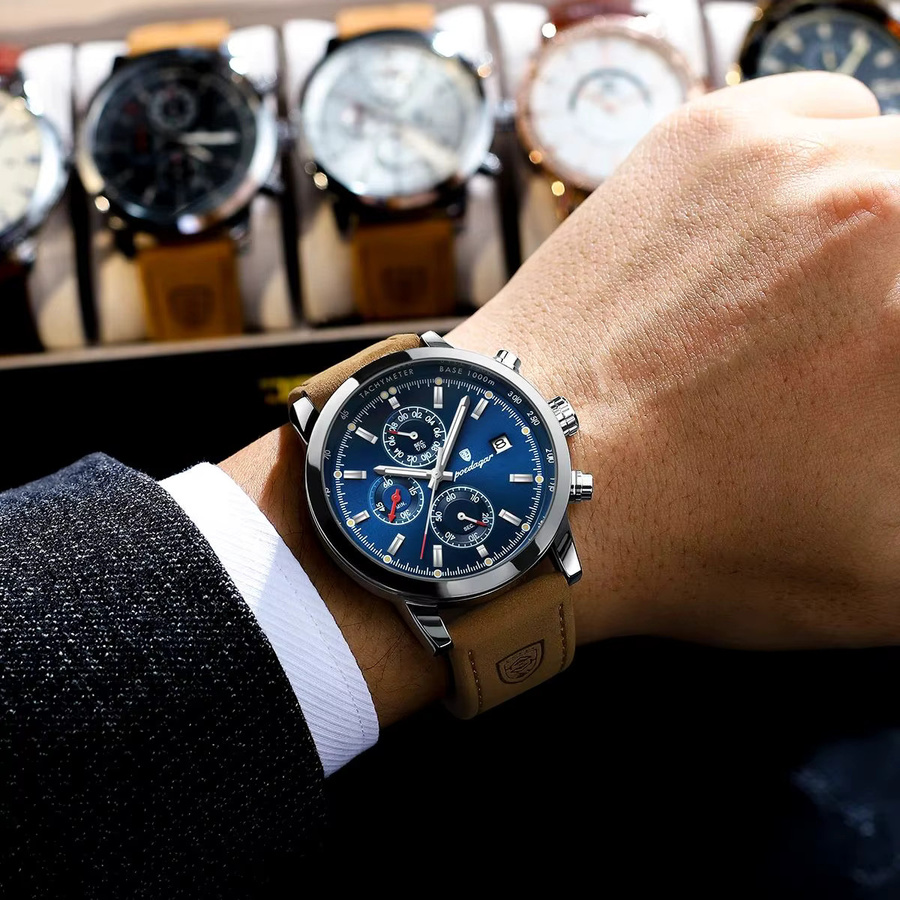 POEDAGAR Chronograph Armbanduhr, Quarz, Leder, Silber, Herren - Bild 5