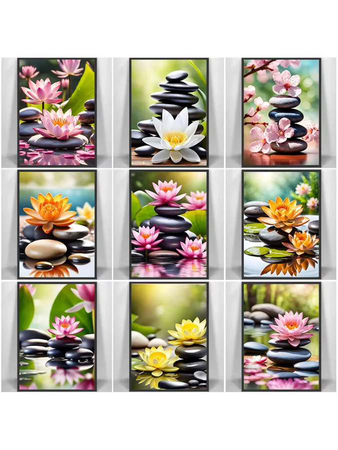 Potdemiel Wandkunst Leinwandgemälde Pink Lily Tranquility Spa Zen Stone in Pink mit floralem Design und Naturmotiv - Bild 4