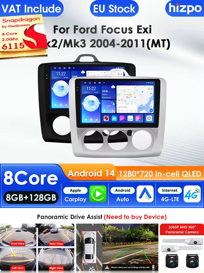 Hizpo Android Auto Multimedia Player für Ford Focus Mk2 Mk3 2004-2011 mit GPS, Carplay, 4G und 360 Kamera in Schwarz - Bild 2