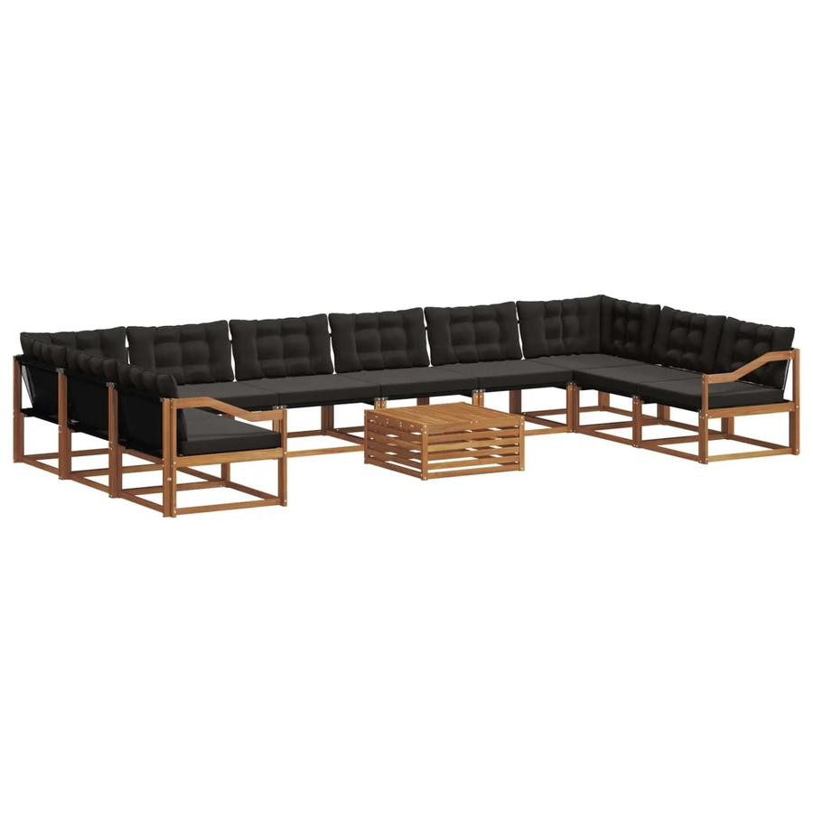 vidaXL Outdoor-Sofagarnitur aus massivem Akazienholz in U-Form, 11-teiliges Set mit Textilene und Kissen, Natur und Schwarz - Bild 2