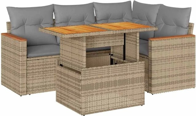 vidaXL 5-teilige Garten-Sofagarnitur in L-Form aus Polyrattan und Akazienholz mit Kissen in Beige-Grau - Bild 1