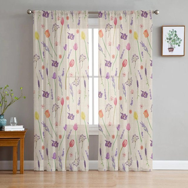 Yiran Furniture Tulpen Gardine mit Blumenmuster aus transparentem Organza, B: 135 cm, H: 115 cm - Bild 1