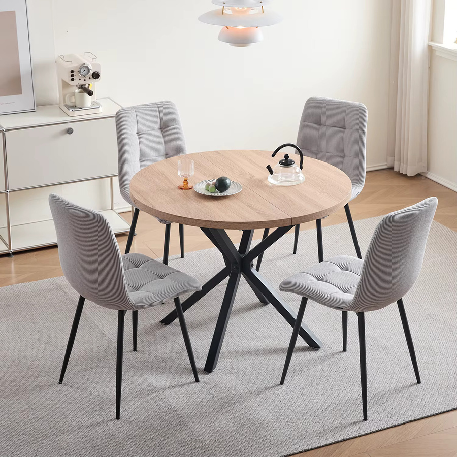 GrandCA HOME Esstisch-Set im skandinavischen Design mit rundem Tisch und 4 Esszimmerstühlen aus Cordstoff in Grau, Durchmesser: 100 cm - Bild 2