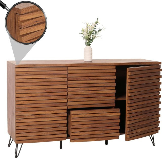 Sideboard MCW-M49 in Walnuss-Optik mit 3D-Design Staufächern aus MDF und Metall, B/H/T: 142 x 85 x 44 cm - Bild 1